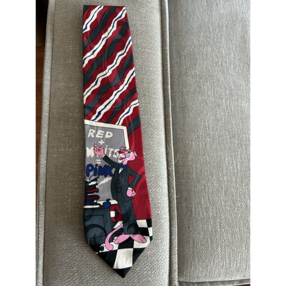 The Pink Panther Vintage 90s Made USA Silk Tie Cartoon Graphic Art Pop